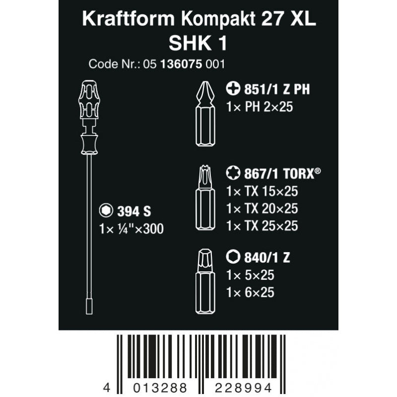 Porta-bits de aparafusar com lâmina rígida 7pcs Kraftform Kompakt 27 XL SHK 1 Wera