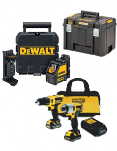 Dewalt Set: Screwdriver Drill + Impact Driver + Laser DW088K + Deep Briefcase + 2 Batteries 1,3 AH