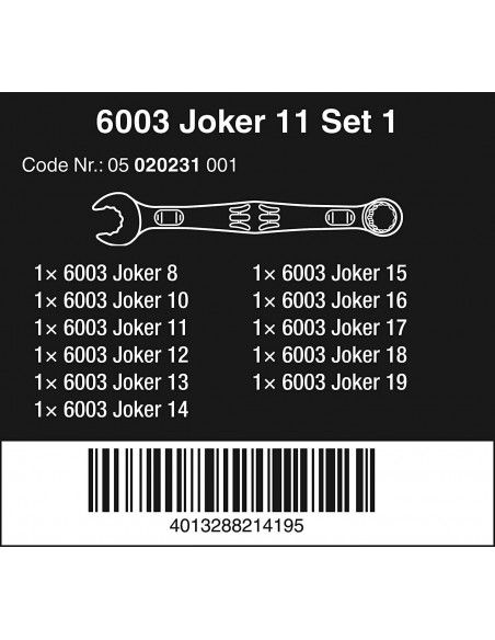 Conjunto de 11 chaves de boca aberta e chaves de anéis 6003 Joker Wera 020231