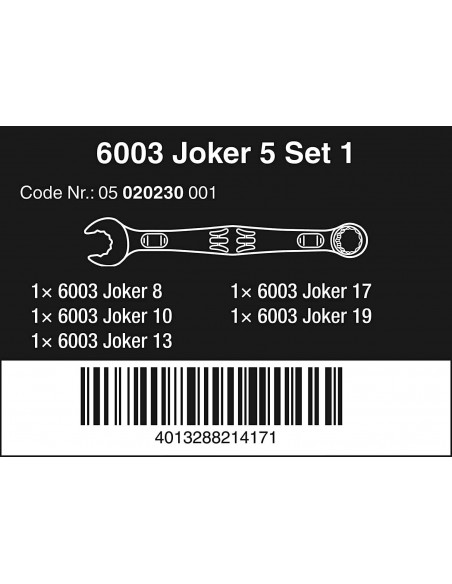 Conjunto de 5 chaves de boca e anel aberto 6003 Joker Wera 020230