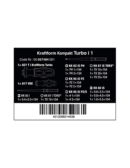 Conjunto de chaves de fendas isoladas 2 pegas e 14 lâminas Wera Kaftform Turbo e 1 ref.057484