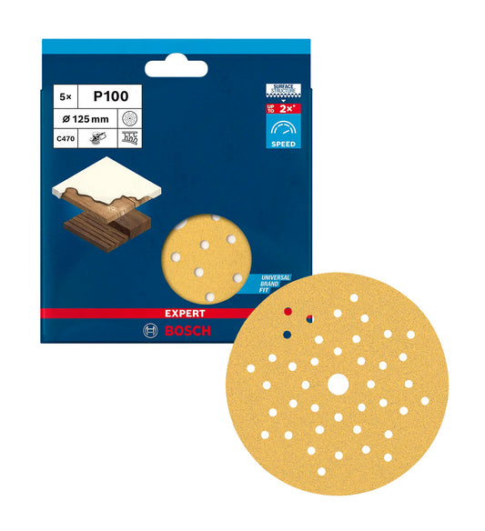 Lâminas de lixa Expert C470 de 125 mm com perfuração múltipla para lixadeiras excêntricas 5 unidades Bosch