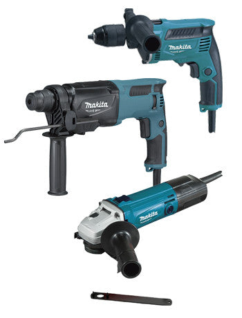 Conjunto de ferramentas eléctricas Makita MT: Martelo Ligeiro 800W + Furadeira percutor 430W + Rebarbadora 570W PRK00184