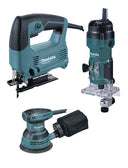Conjunto de ferramentas eléctricas Makita MT: Sierra de calar 450W + Fresadora 530W + Lixadeira 230W PRK00185