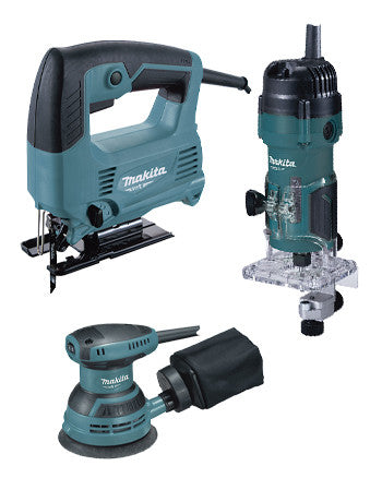 Conjunto de ferramentas eléctricas Makita MT: Sierra de calar 450W + Fresadora 530W + Lixadeira 230W PRK00185