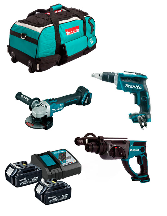 Combo de martelo 18V DHR202 + aparafusadora DFS452 + mini rebarbadora DGA504 + 2bat + carregador + saco Makita DLX3190TX1