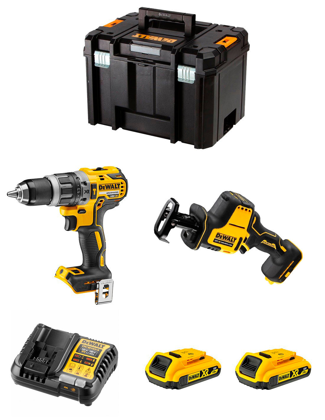 Kit Dewalt Taladro Percutor DCD796 + Sierra sable DCS369 + 2bat 2Ah + cargador + TSTAK VI DCK269D2