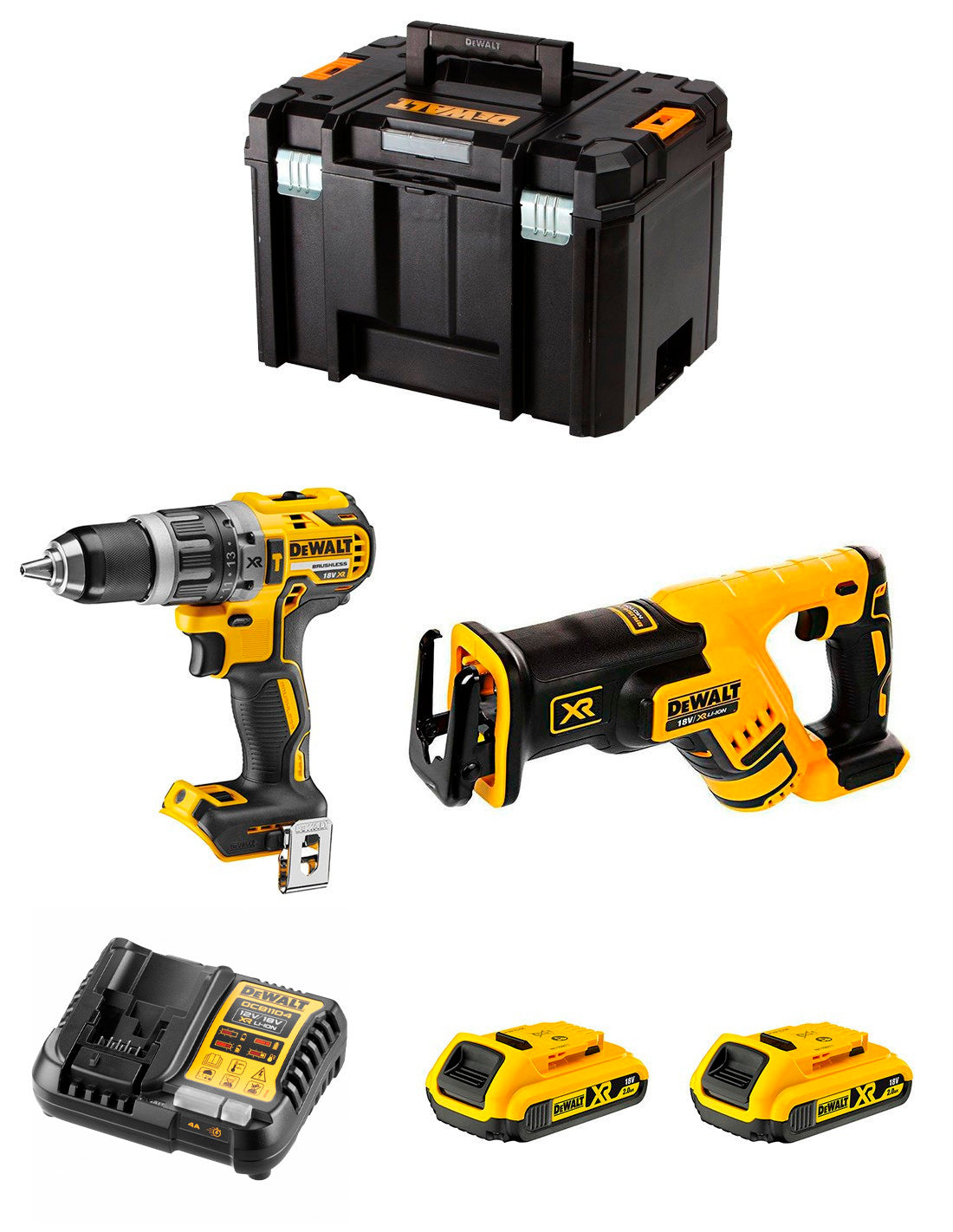 Kit Dewalt Taladro Percutor DCD796 + Sierra Sable DCS367 + 2bat 2Ah + cargador + TSTAK VI DCK277D2