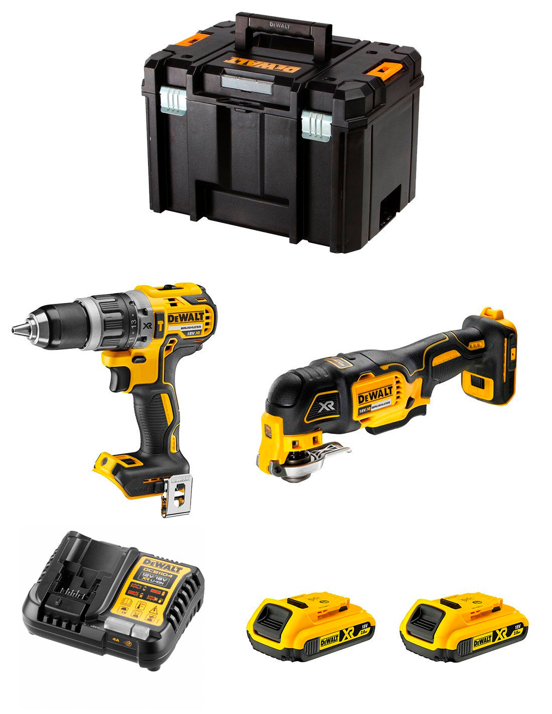 Kit Berbequim de martelo Dewalt DCD796 + Multi-ferramenta DCS356 + 2bat 2Ah DCB183 + carregador + TSTAK VI DCK255D2