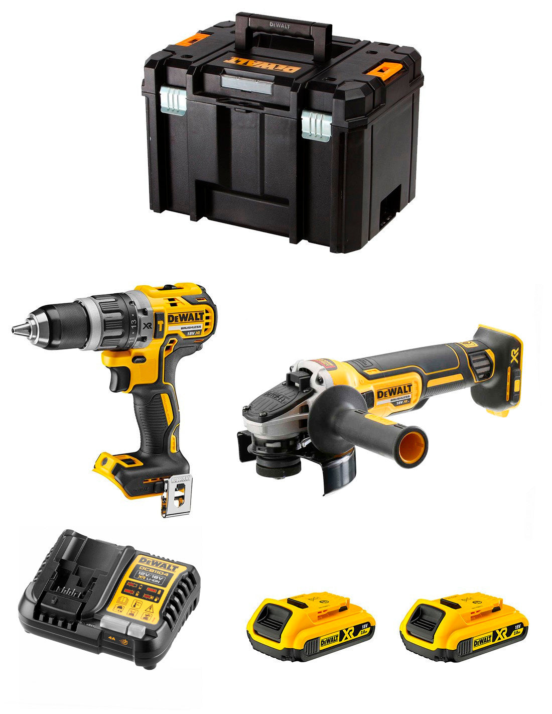 Kit Berbequim de martelo Dewalt DCD796 + Mini-rebarbadora DCG405 + 2bat 2Ah + Carregador + TSTAK VI DCK205D2