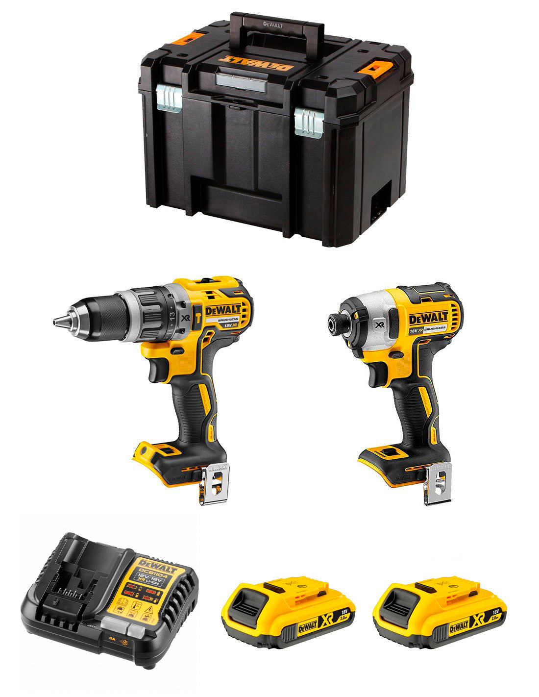 Kit Dewalt DCD796 Berbequim de martelo + Chave de fendas de impacto DCF887 + 2bat 2Ah + Carregador + TSTAK VI DCK287D2T