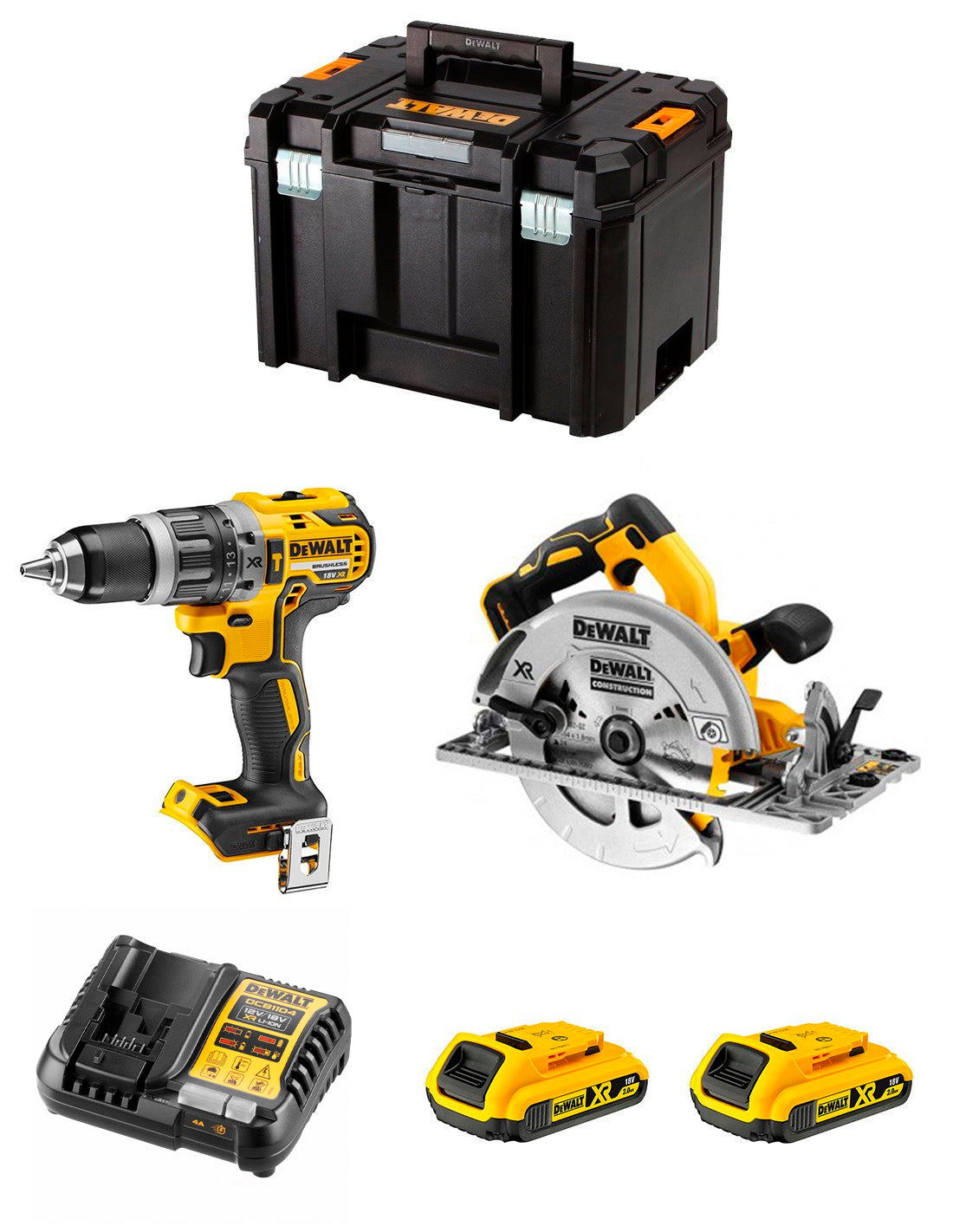 Kit Dewalt con Taladro percutor DCD796 + Sierra Circular DCS572 +  2bat 2Ah + Cargador + TSTAK VI DCK270D2
