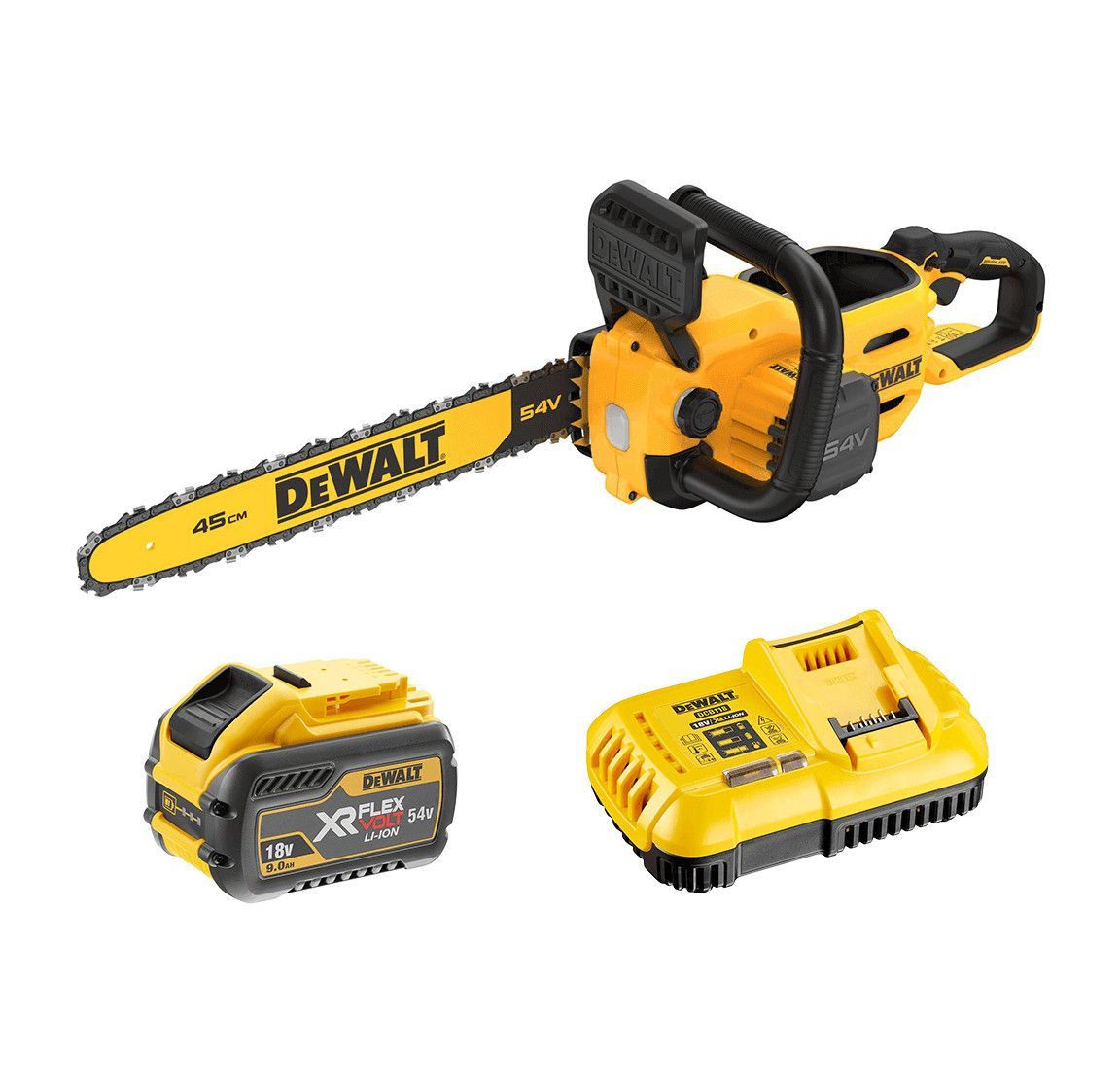 Motosserra de 45 cm + bateria Flexvolt 9Ah + carregador Dewalt DCMCS574X1