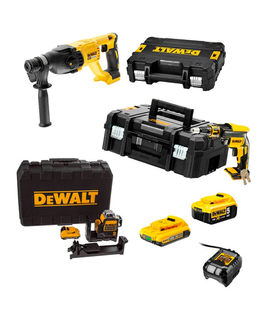 Mega Combo Panel Yeso: Atornillador DCF620+ Martillo DCH133+ Nivel DCE089D1G + 2 Baterías 18V Dewalt