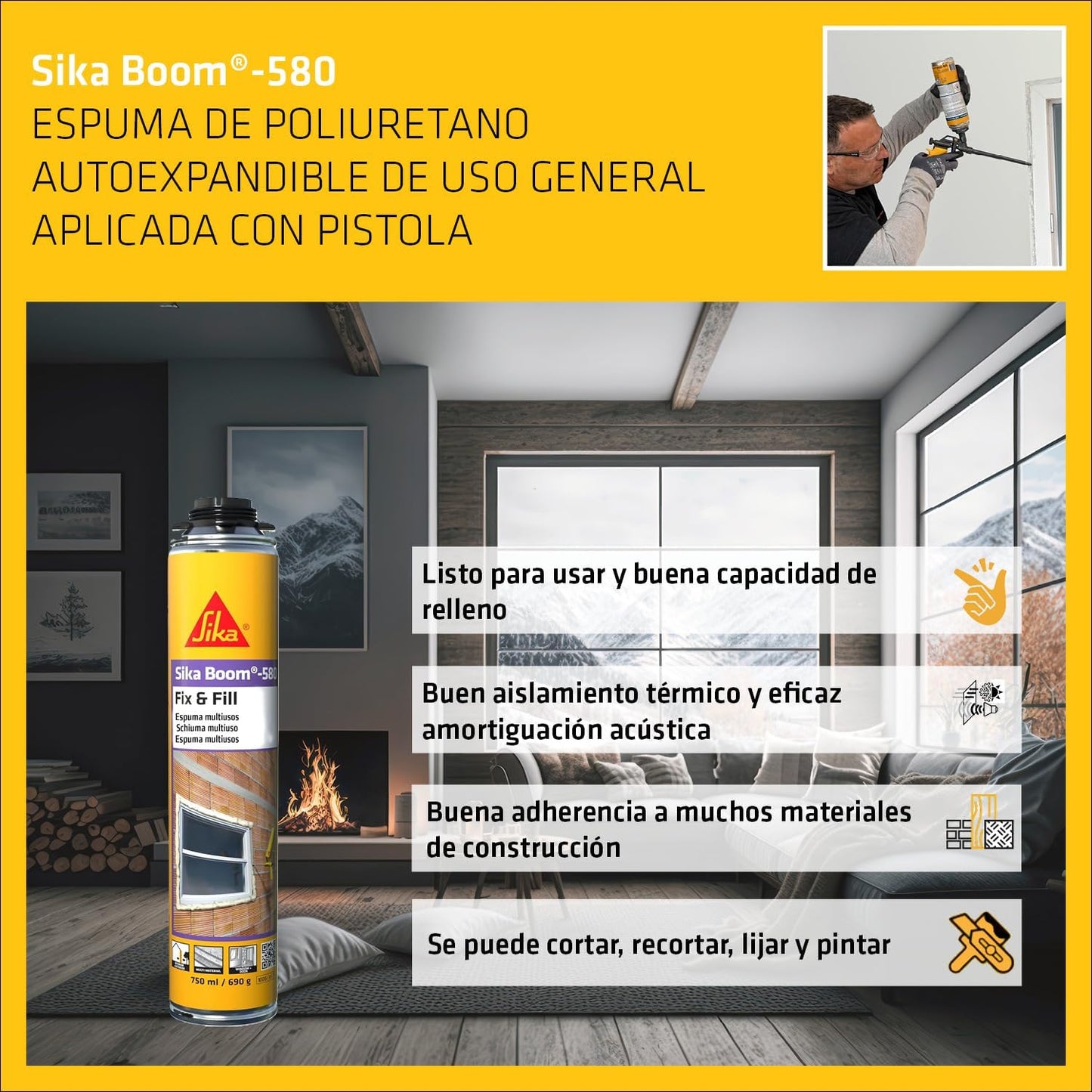 Espuma de poliuretano autoexpandible 750ml Sika Boom-580