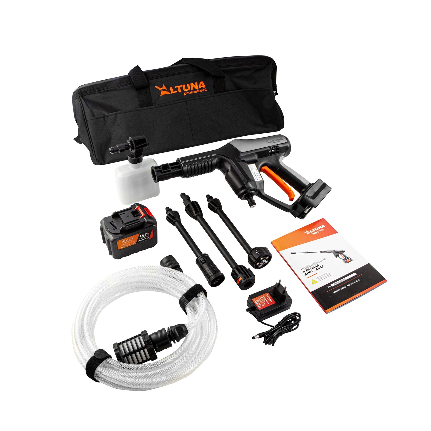 Hidrolavadora a bateria de 55 bar e 350 W com bateria de 42 V e 4 Ah Altuna AH02