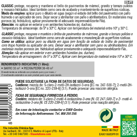 Frasco de cera líquida para argila, mármore polido e aglomerados polidos 1L Fila CLASSIC