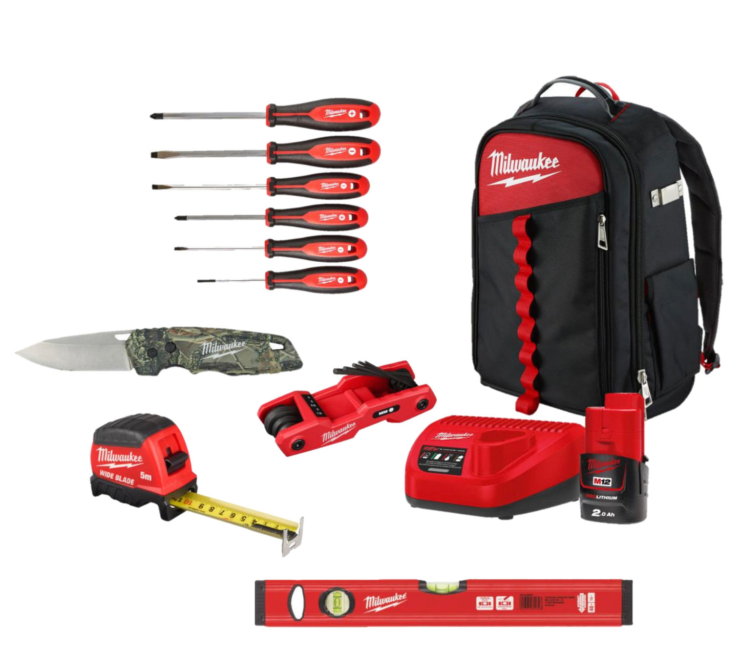 Conjunto especial com ferramentas manuais + carregador + bateria + mochila Jobsite Milwaukee