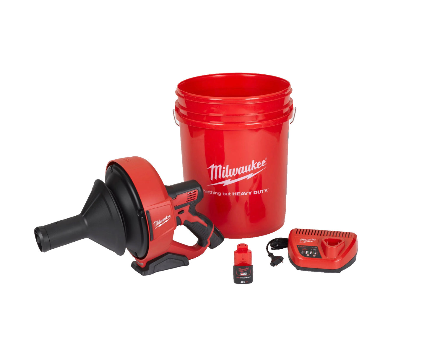 Desentupidor de 8 mm + 2bat 2Ah + carregador + balde de transporte Milwaukee M12 BDC8-202C