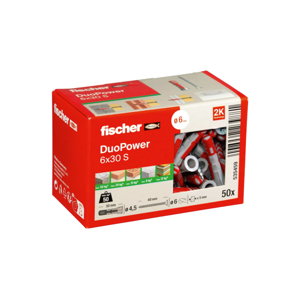 Caixa de buchas Duopower 6x30S + Parafusos Fischer 50 unidades