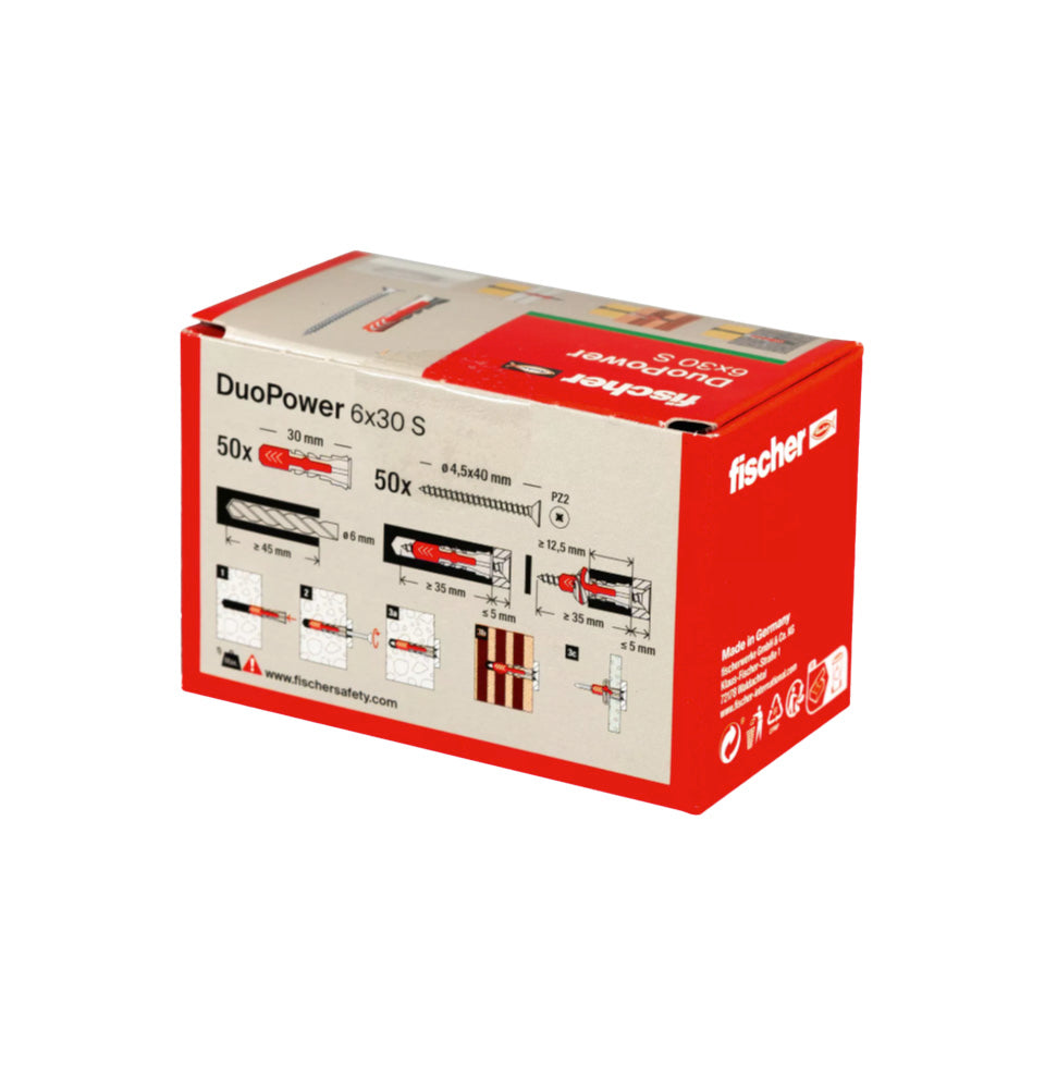 Caixa de buchas Duopower 6x30S + Parafusos Fischer 50 unidades