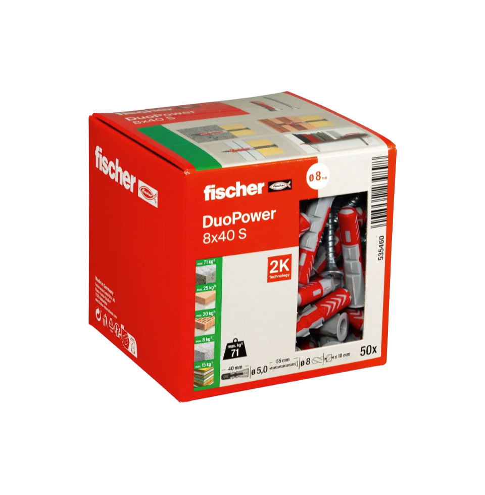 Caixa de buchas Duopower 8x40S + Parafusos Fischer 50 unidades