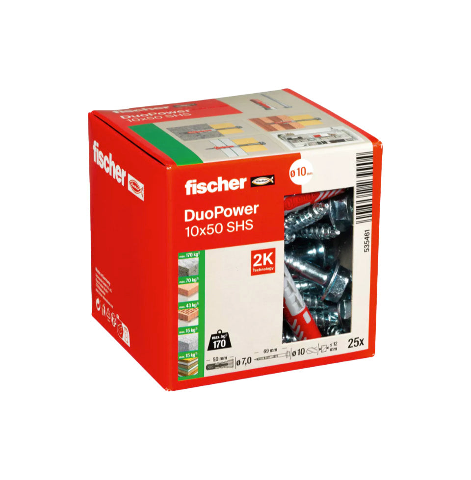 Caixa de buchas Duopower 10x50S + Parafusos Fischer 25 unidades