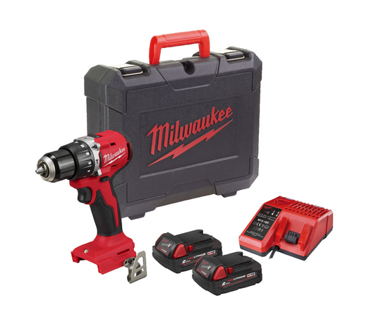 Berbequim de martelo compacto M18 + 2 baterias 2Ah + carregador + mala Milwaukee M18 BLPDRC-202C