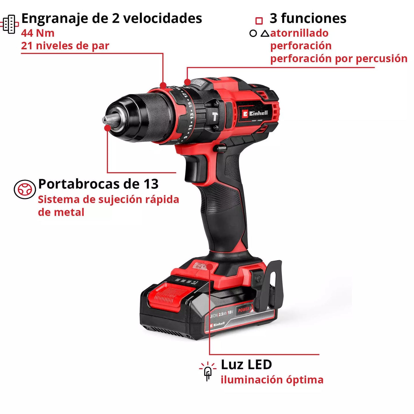 Martelo perfurador sem fio Einhell 18V com 1 baterias 2,5Ah e carregador TE-CD 18/44 Li-i