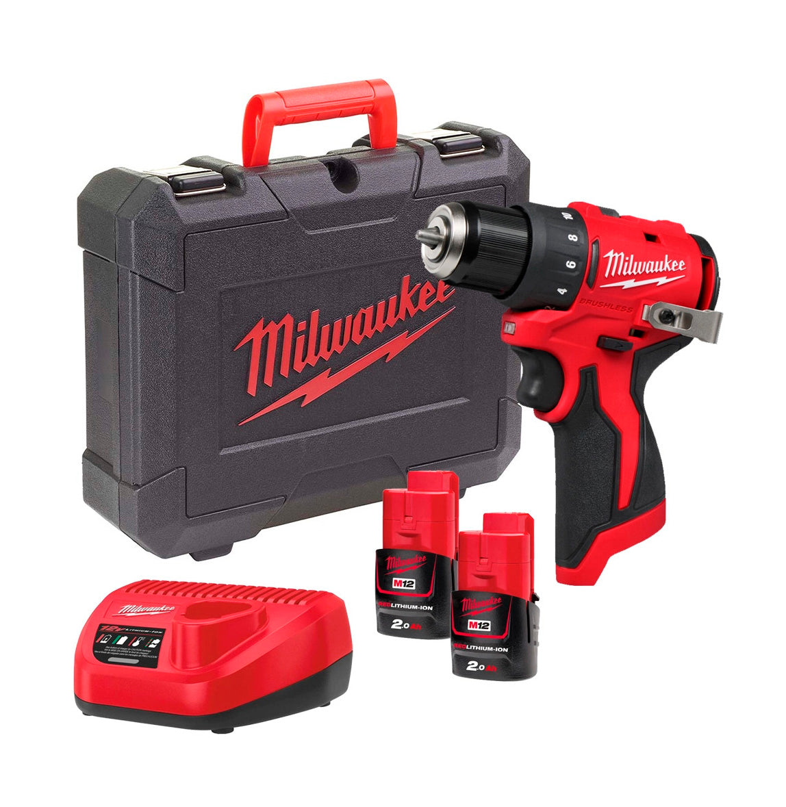 Berbequim/aparafusadora + 2 baterias de 2,0 Ah + Carregador + Maleta Milwaukee M12 BLDDRC-202C