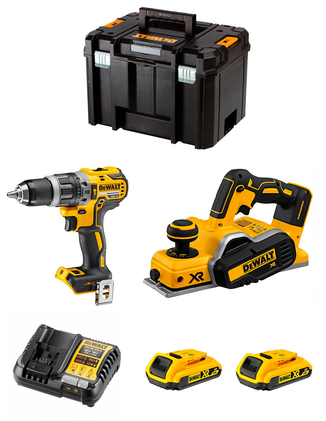 Kit Dewalt Taladro Percutor DCD796 + Cepillo DCP580 + 2bat 2Ah + Cargador + TSTAK VI DCK280D2