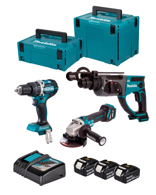 Kit combinado Makita DLX3093TJ 18V: Berbequim DHP4984 + Rebarbadora DGA513 + Martelo de impacto DHR202 + 3 baterias de 5Ah + Carregador + Mala de transporte